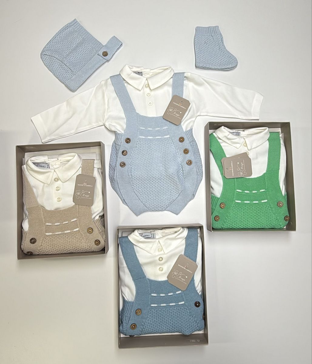 Set pagliaccetto,camicia,cappello e babbucce neonato