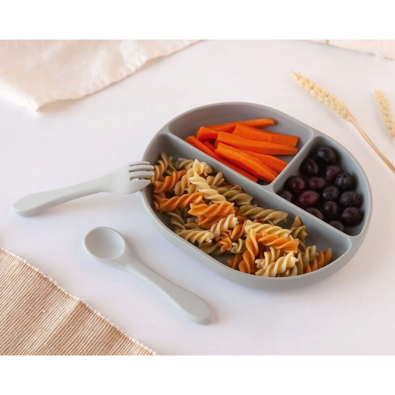 Set posate e vassoio in silicone con scomparti e ventosa grigio Kiokids