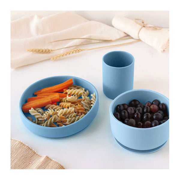 Set piatti 3 pezzi in silicone azzurro Kiokids