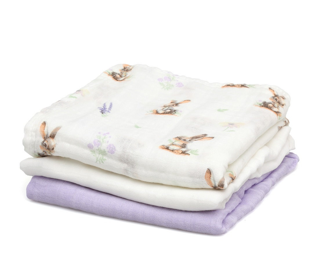 Set 3 mussoline coniglietti lavanda e bianco Kiokids
