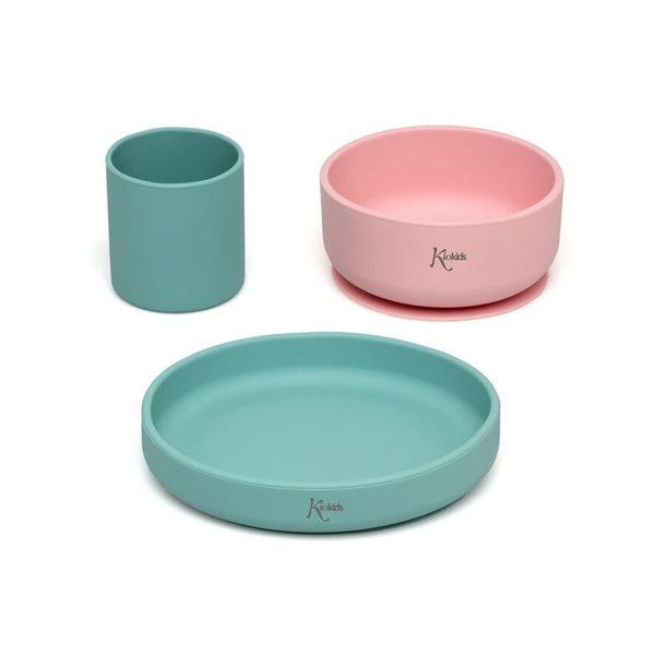 Set piatti 3 pezzi in silicone verde e rosa Kiokids