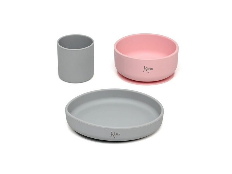 Set piatti 3 pezzi in silicone rosa e grigio Kiokids