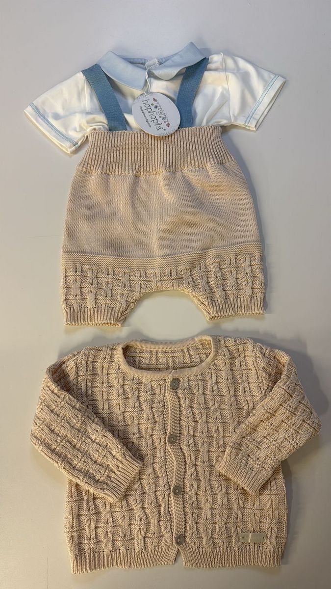 Completo salopette, t shirt e cardigan neonato