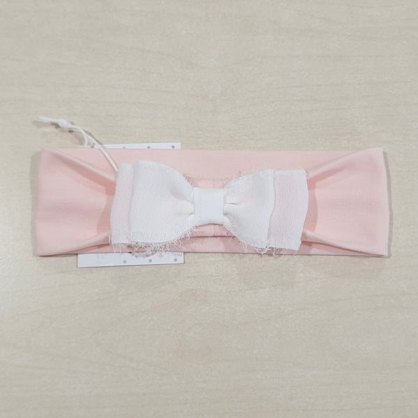 Fascia rosa in cotone con fiocco bianco ricamato