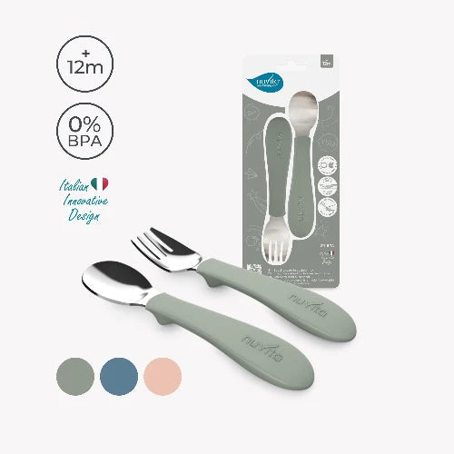 Set posate bimbi in acciaio con impugnatura in silicone - KiddieKit 8472 Nuvita