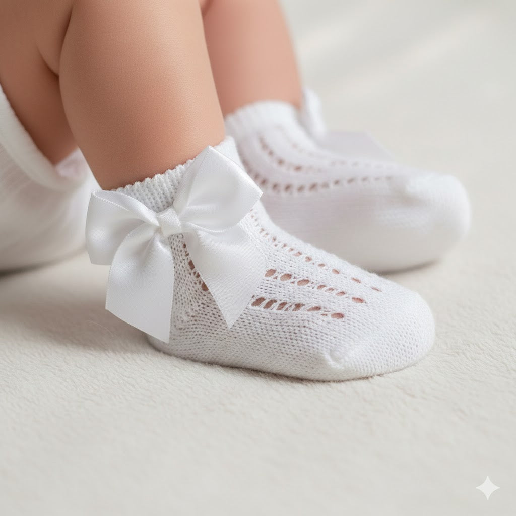 Calze corte da neonata in cotone lavorato fiocco – confezione da 6 paia bianchi